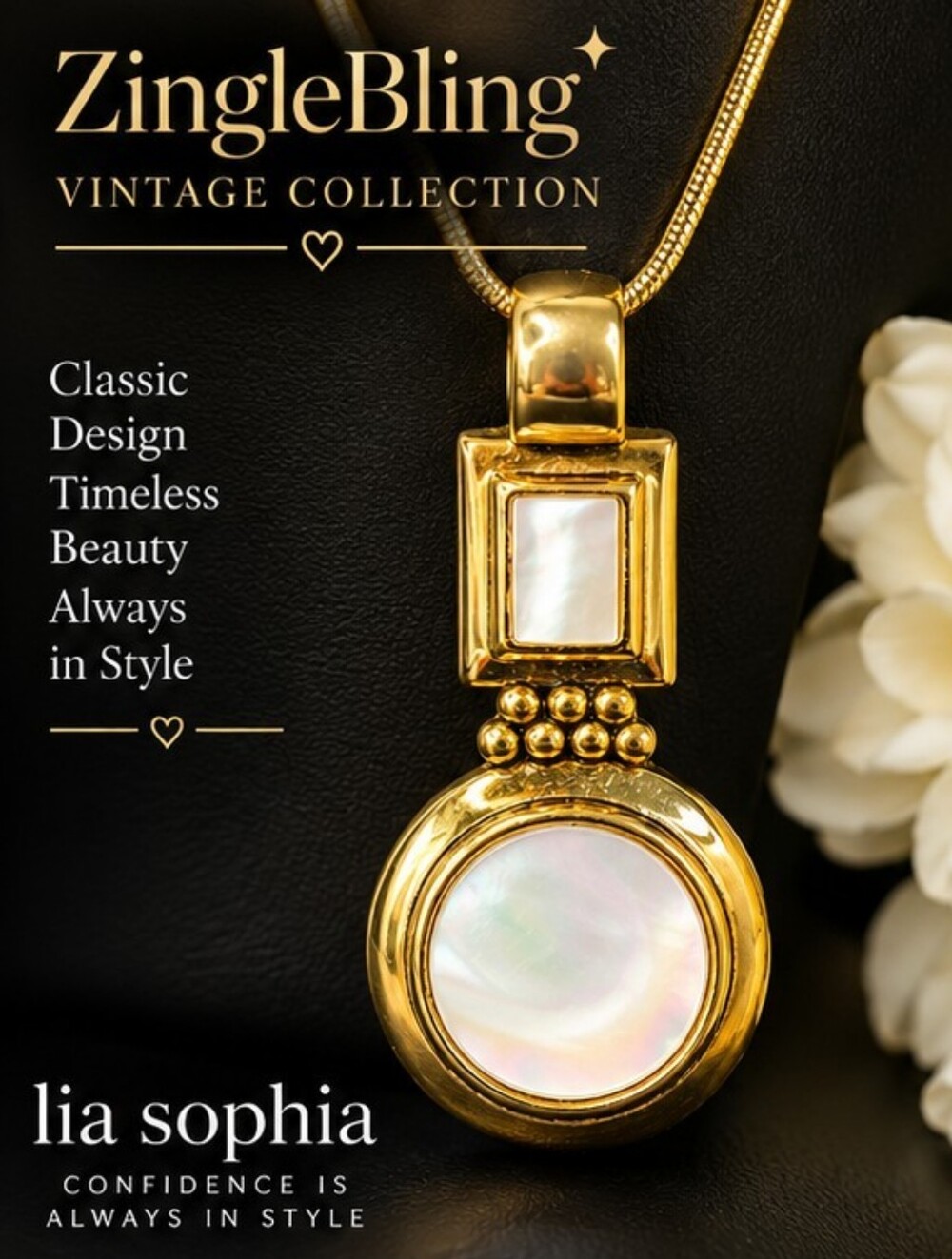 Vintage Lia Sophia Mother of Pearl Gold Tone Pendant Necklace Retired